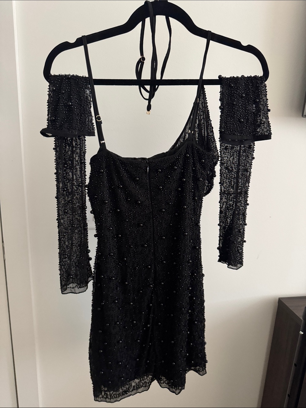 Oh Polly Black Beaded One-Shoulder Mini Dress with sleeves - Picture 4 of 4